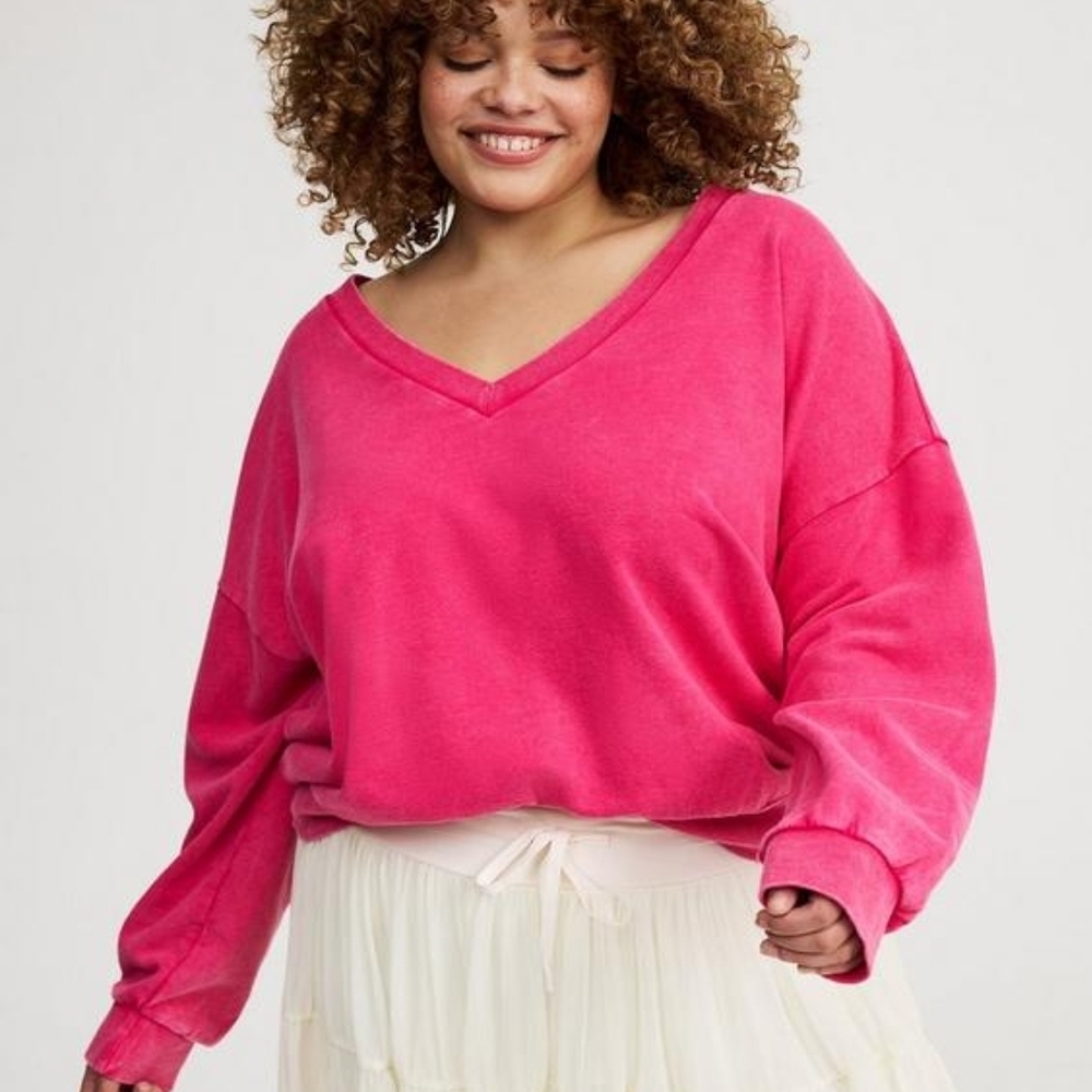 Drop Shoulder V Neck Terry Pullover Sweatshirt Size 3X Pink NWT!